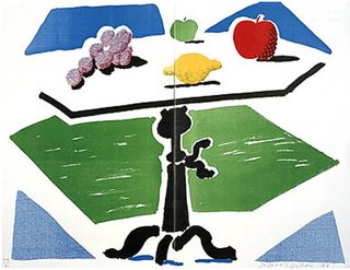 Apples, Grapes and Lemon on a table by David Hockney