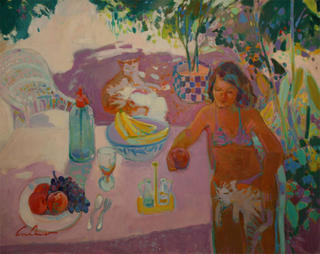 Still life with Woman and Cats by Luis Amer